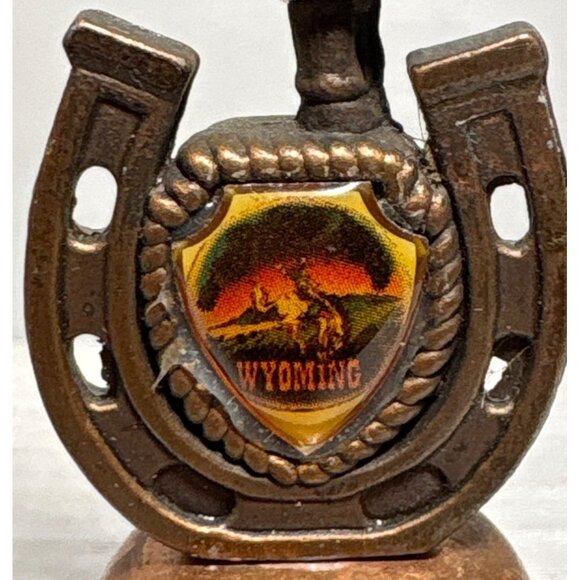 Vintage Wyoming Souvenir Copper Bell With Cowboy & Bucking Horse Horseshoe - Picture 2 of 7